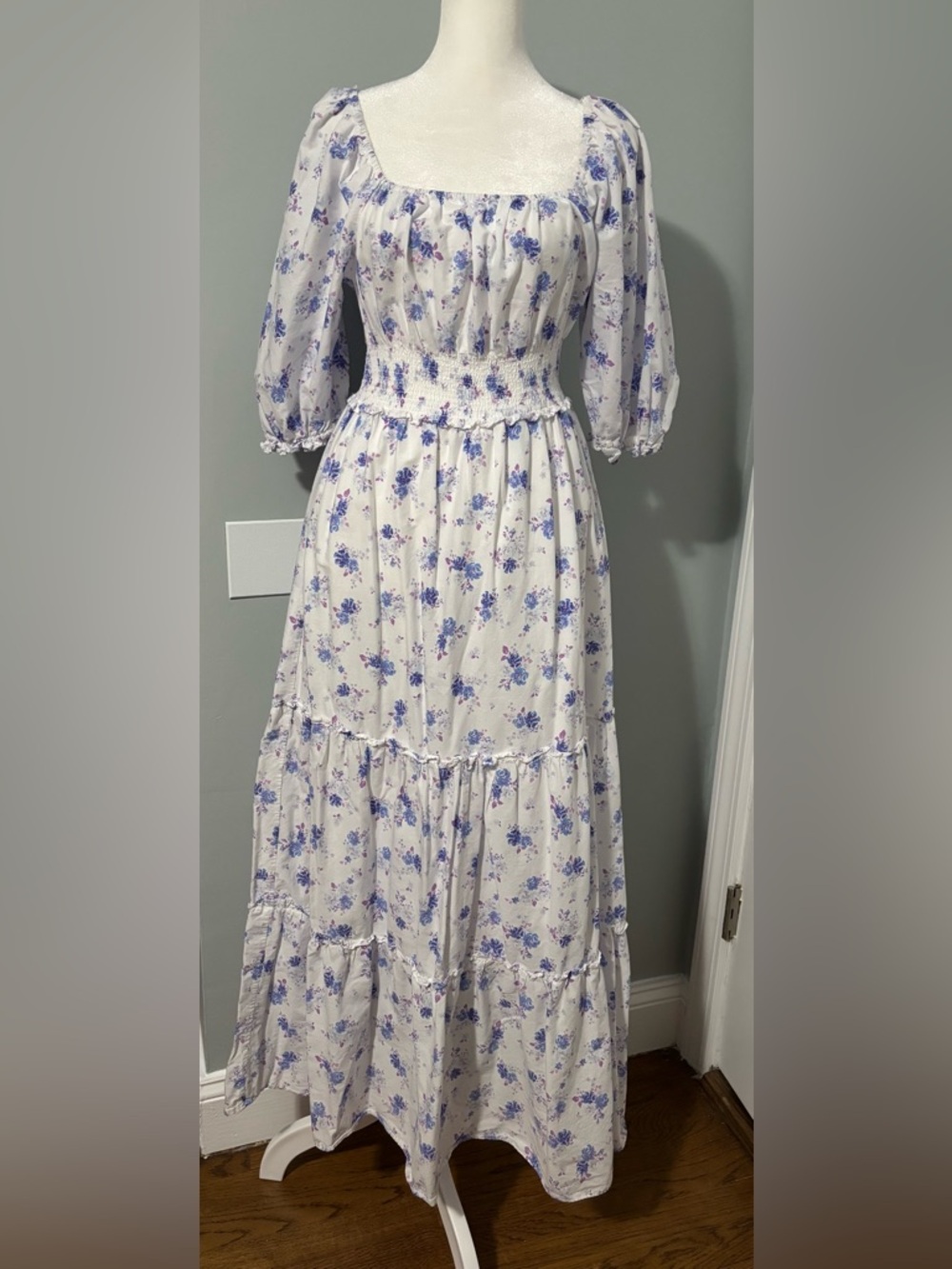 LoveShackFancy X Target White Maxi Dress with Blue Floral Print size XS